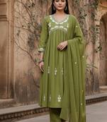 Olive green cotton embroidered kurta pant dupatta set for women