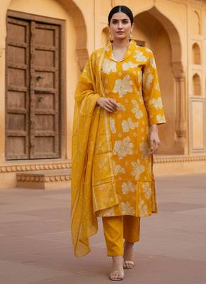Golden yellow cotton floral printed kurta pant dupatta set for women 1