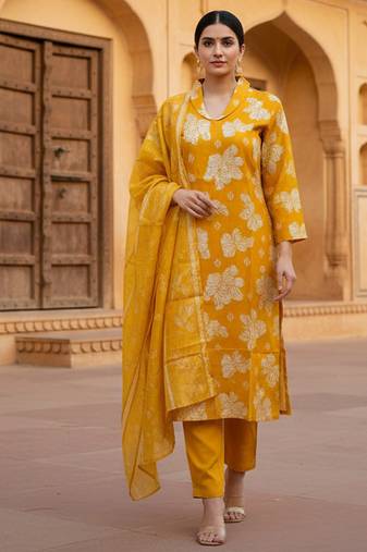 Golden yellow cotton floral printed kurta pant dupatta set for women