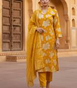 Golden yellow cotton floral printed kurta pant dupatta set for women