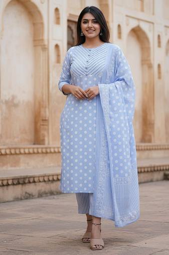 Sky blue cotton polka dot printed kurta pant dupatta set for women