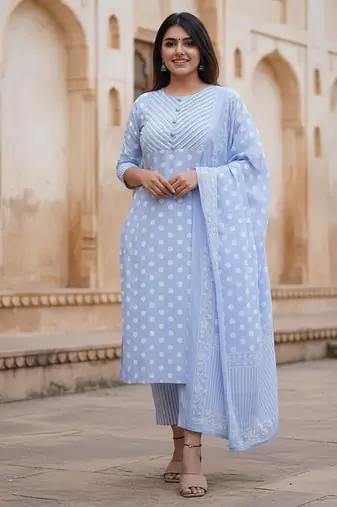 Sky blue cotton polka dot printed kurta pant dupatta set for women