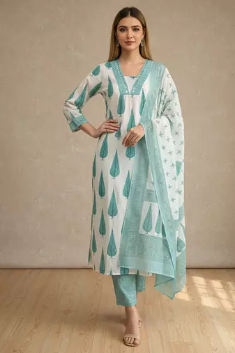 Women aqua blue cotton printed kurta set with dupatta