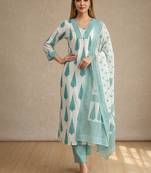 Women aqua blue cotton printed kurta set with dupatta