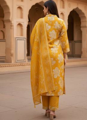 Golden yellow cotton floral printed kurta pant dupatta set for women 2
