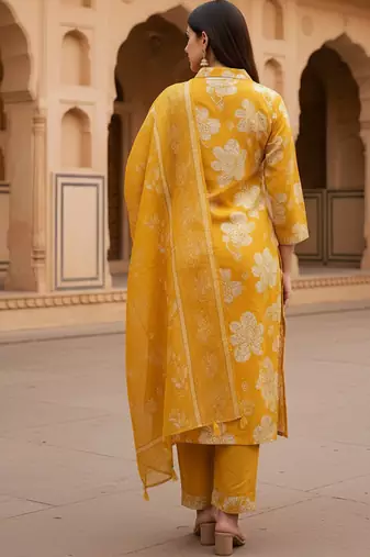 Golden yellow cotton floral printed kurta pant dupatta set for women