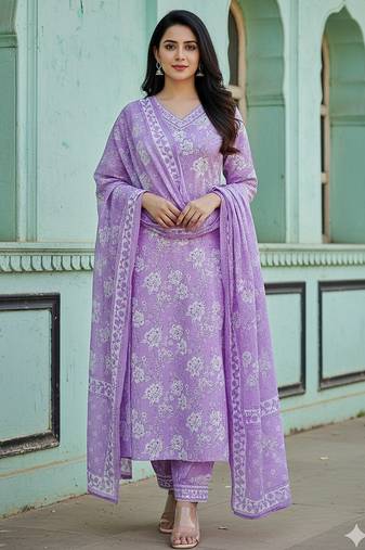 Women’s lavender cotton floral printed kurta pant dupatta set