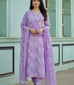 Women’s lavender cotton floral printed kurta pant dupatta set