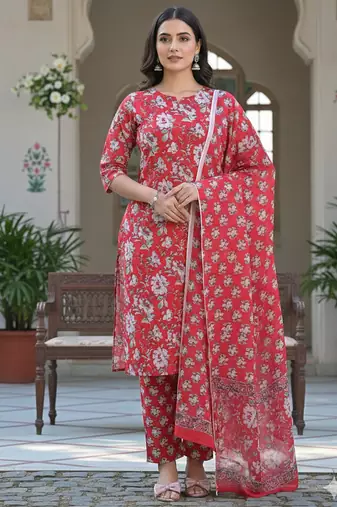 Women red cotton printed kurta set with dupatta