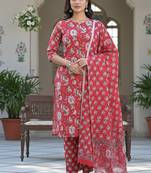 Women red cotton printed kurta set with dupatta