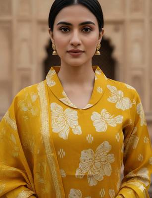 Golden yellow cotton floral printed kurta pant dupatta set for women 3
