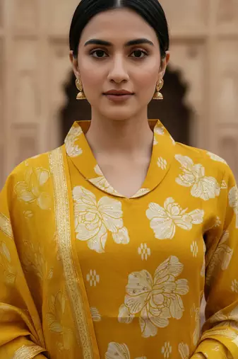 Golden yellow cotton floral printed kurta pant dupatta set for women