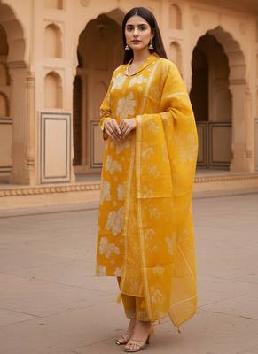 Golden yellow cotton floral printed kurta pant dupatta set for women 4