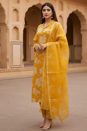 Golden yellow cotton floral printed kurta pant dupatta set for women