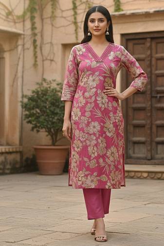Women’s rose pink floral printed cotton kurta with pants | elegant traditional wear set