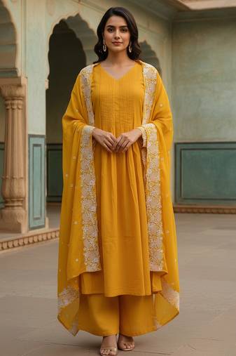 Women’s mustard yellow cotton embroidered kurta pant dupatta set