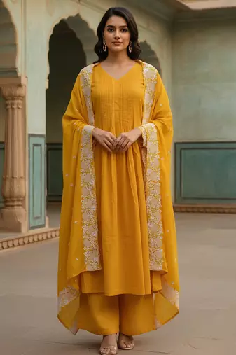 Women’s mustard yellow cotton embroidered kurta pant dupatta set
