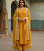 Women’s mustard yellow cotton embroidered kurta pant dupatta set