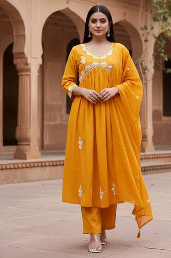 Women’s mustard yellow cotton embroidered kurta pant dupatta set
