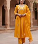 Women’s mustard yellow cotton embroidered kurta pant dupatta set