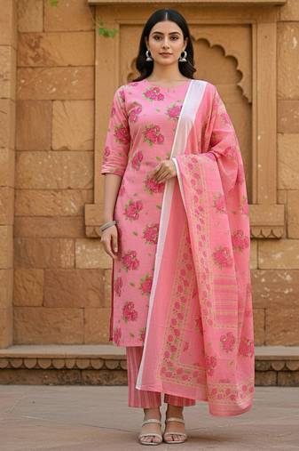 Pink cotton floral printed kurta pant dupatta set for women