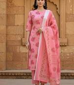 Pink cotton floral printed kurta pant dupatta set for women