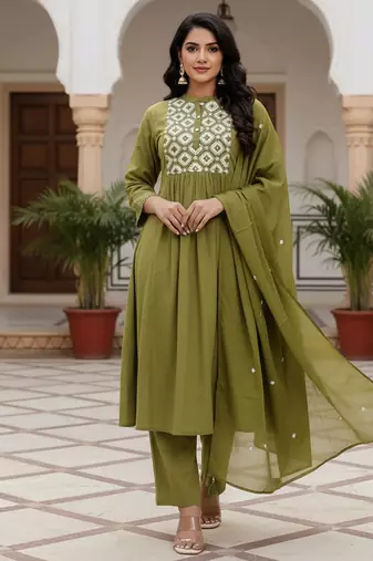 Women’s olive green cotton embroidered kurta pant dupatta set