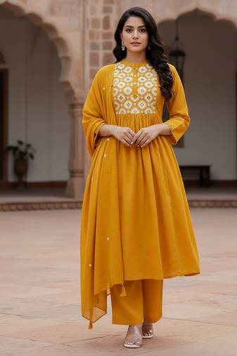Mustard yellow cotton embroidered kurta pant dupatta set for women