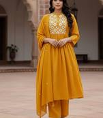 Mustard yellow cotton embroidered kurta pant dupatta set for women
