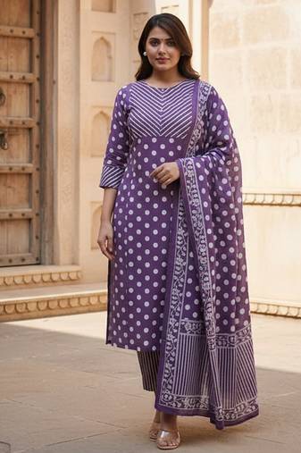 Purple cotton polka dot printed kurta pant dupatta set for women