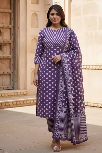 Purple cotton polka dot printed kurta pant dupatta set for women