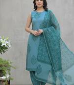 Women’s teal blue cotton embroidered sleeveless kurta pant dupatta set