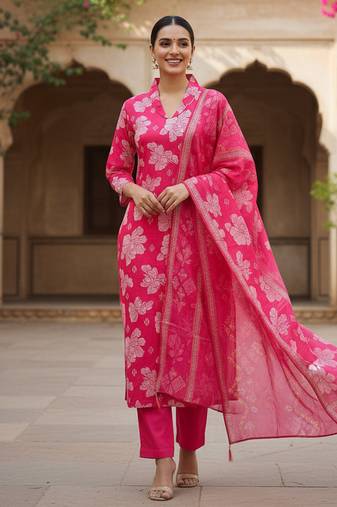Women’s rani pink cotton floral printed kurta pant dupatta set