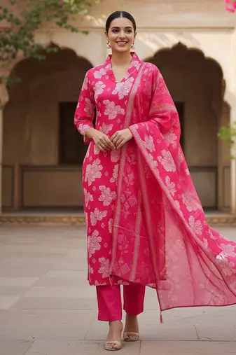 Women’s rani pink cotton floral printed kurta pant dupatta set