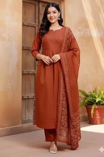 Women’s rust brown cotton printed kurta pant dupatta set