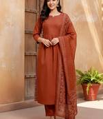 Women’s rust brown cotton printed kurta pant dupatta set