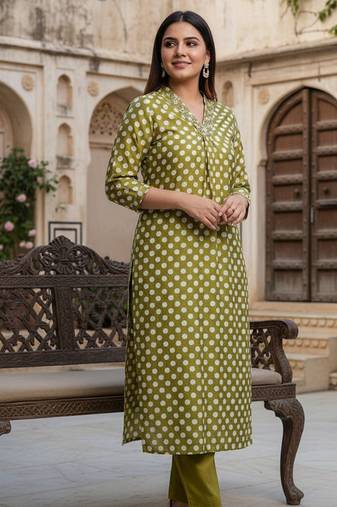 Women’s olive green polka dot printed cotton kurta set | modern ethnic outfit for daily wear