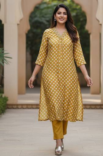 Women’s yellow polka dot printed cotton kurta with pants | classic cotton ethnic wear for women