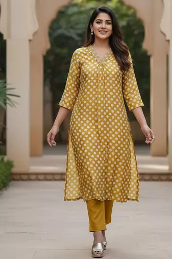 Women’s yellow polka dot printed cotton kurta with pants | classic cotton ethnic wear for women