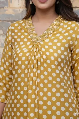  yellow polka dot printed cotton kurta with pant