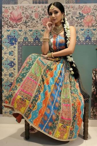 multicolor crepe embroidered Lehenga Choli