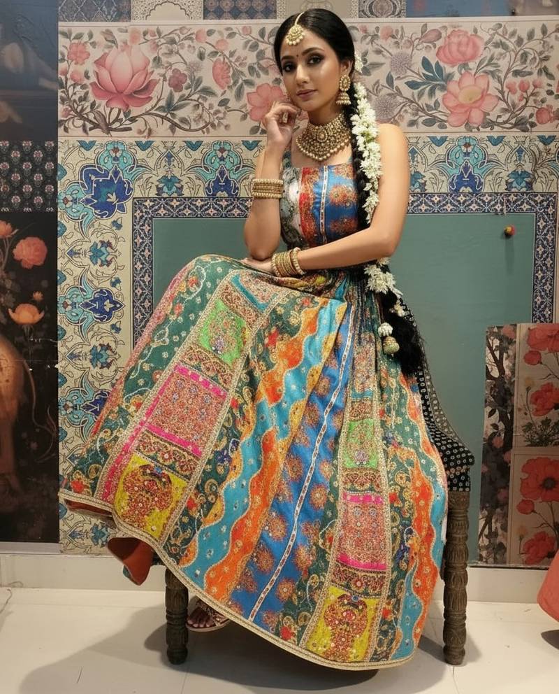 multicolor crepe embroidered Lehenga Choli