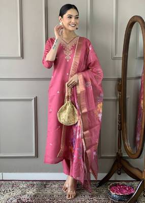 Women's chanderi viscose embroidered straight kurta with pant and printed dupatta set 1