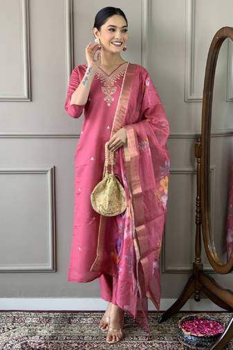 Women's chanderi viscose embroidered straight kurta with pant and printed dupatta set