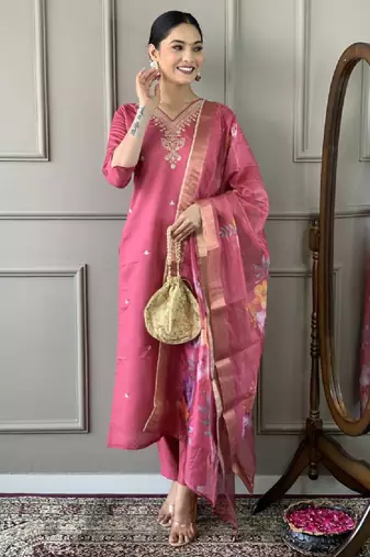 Women's chanderi viscose embroidered straight kurta with pant and printed dupatta set