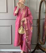 Women's chanderi viscose embroidered straight kurta with pant and printed dupatta set