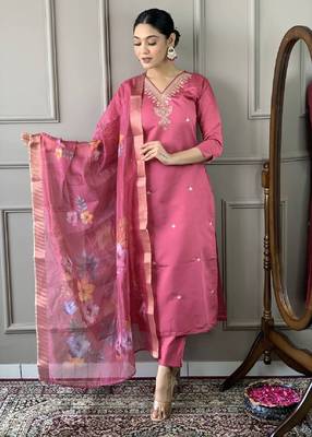 Women's chanderi viscose embroidered straight kurta with pant and printed dupatta set 2
