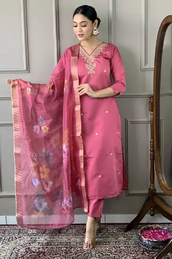 Women's chanderi viscose embroidered straight kurta with pant and printed dupatta set