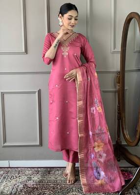 Women's chanderi viscose embroidered straight kurta with pant and printed dupatta set 3