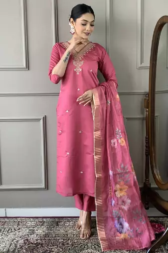 Women's chanderi viscose embroidered straight kurta with pant and printed dupatta set
